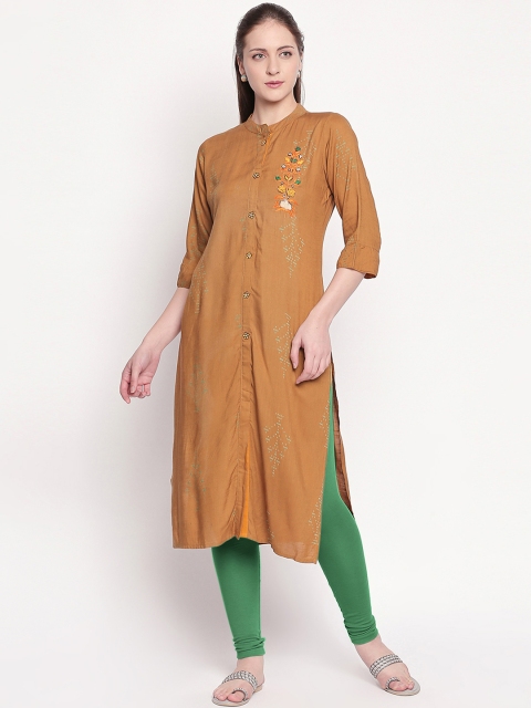 

ZRI Women Olive Brown Printed Straight Kurta