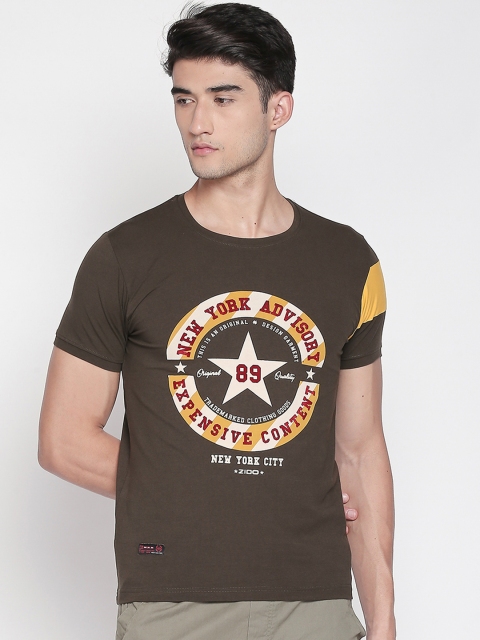 

ZIDO Men Olive Green Printed Round Neck T-shirt