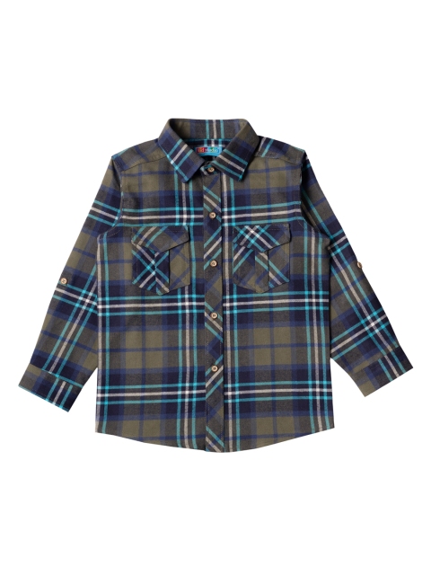 

Kid Studio Boys Olive Green & Navy Blue Regular Fit Checked Casual Shirt