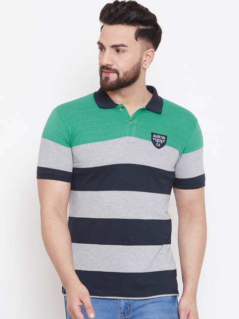 

Austin wood Men Grey & Black Striped Polo Collar T-shirt