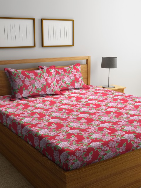 

MAFATLAL Red & Green Floral 144 TC Cotton 1 King Bedsheet with 2 Pillow Covers