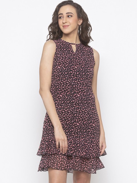 

Globus Women Black & Pink Printed Peplum Dress