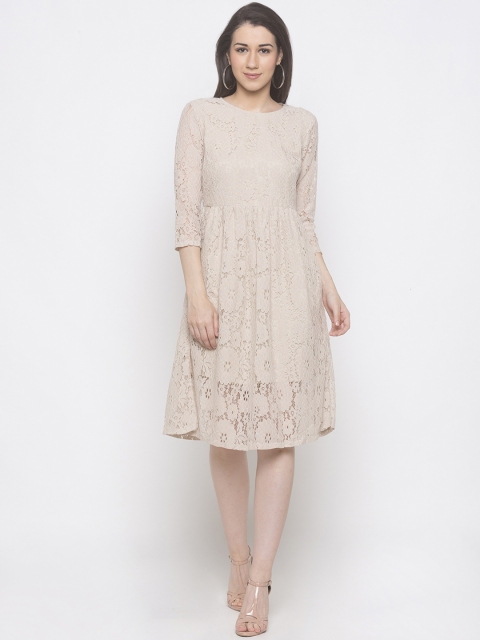 Globus Women Beige Self Design Fit and Flare Dress