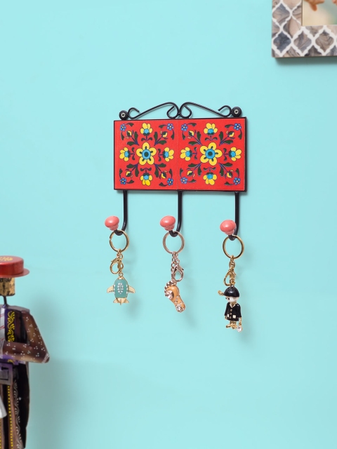 

Golden Peacock Red & Green Handcrafted Pottery Key Holder With Hooks