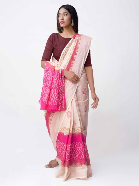 

Unnati Silks Off-White & Pink Handblock Print Kota Handloom Saree
