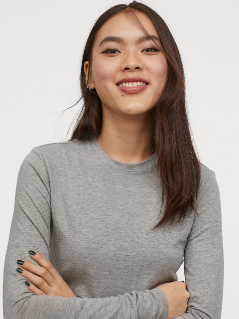 

H&M Women Grey Melange Solid Long-Sleeved Top
