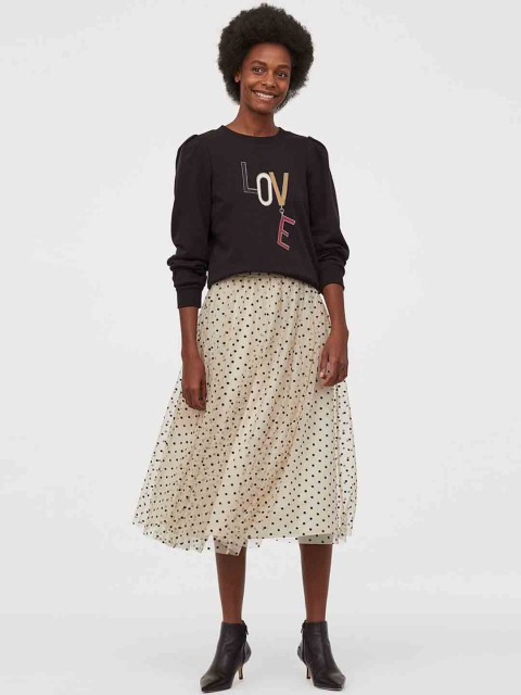 

H&M Women Beige And Black Flock-Print Tulle Skirt