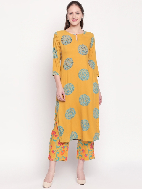 

ZRI Women Mustard Yellow & Blue Printed Kurta with Trousers