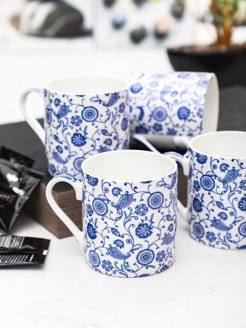 

SONAKI Set Of 4 White & Blue Printed Bone China Tea Coffee Mugs