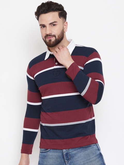 

Austin wood Men Navy Blue & Maroon Striped Polo Collar T-shirt