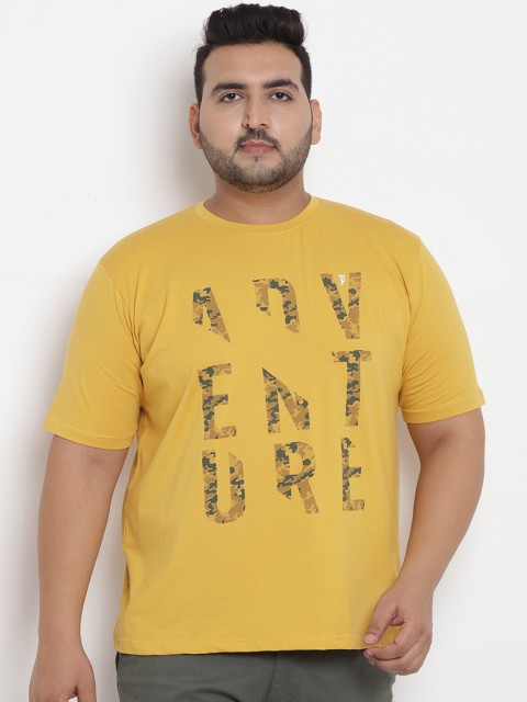 

John Pride Plus Size Men Yellow Printed Stretchable Round Neck T-shirt