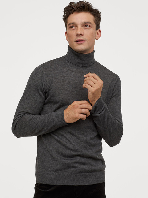 

H&M Men Grey Wool-Blend Polo-Neck Jumper, Black