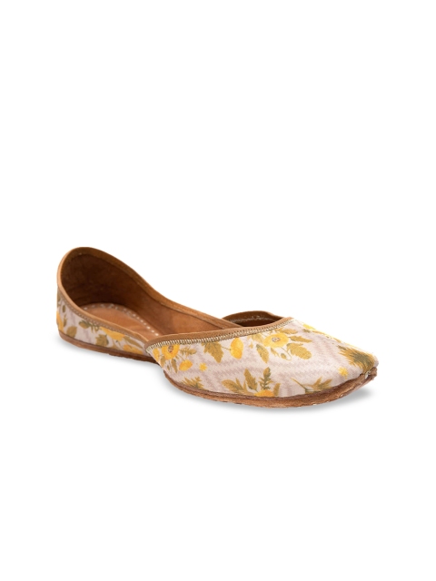

Jivaana Women Cream-Coloured & Mustard Yellow Printed Leather Mojaris