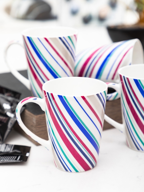 

SONAKI Set of 4 White Printed Fine Bone China Tea Coffee Mugs