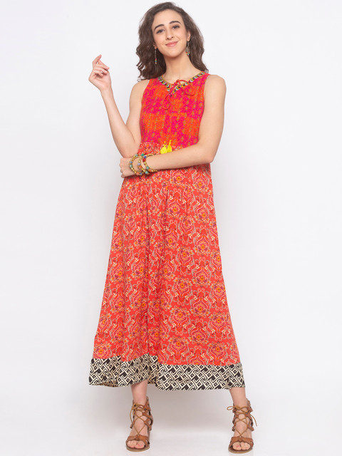 

Globus Women Coral Orange Printed Maxi Dress