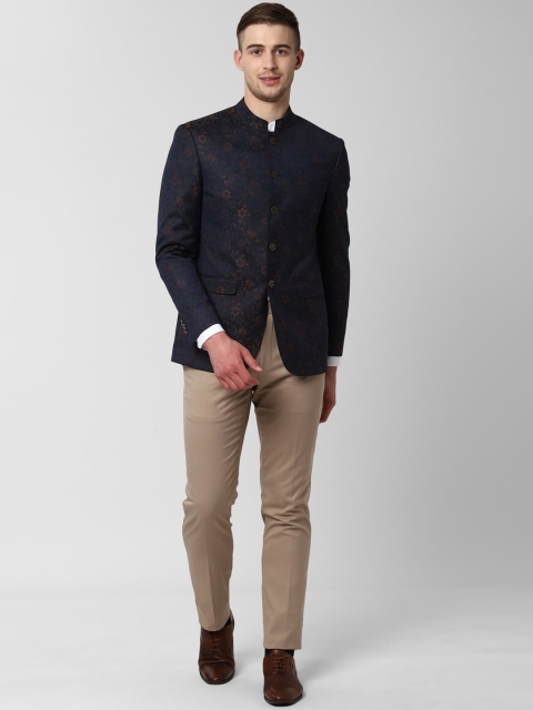 

Peter England Men Navy Blue Self-Design Slim-Fit Bandhgala Formal Suit