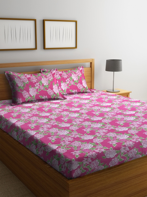 

MAFATLAL Pink & Green Floral 144 TC Cotton 1 King Bedsheet with 2 Pillow Covers