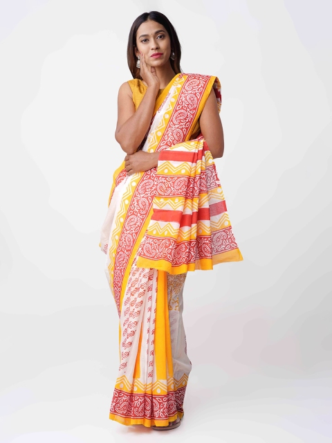 

Unnati Silks White & Yellow Hand Block Print Saree