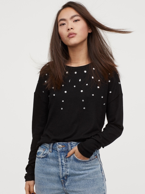 

H&M Women Black Fine-knit Beaded Jumper