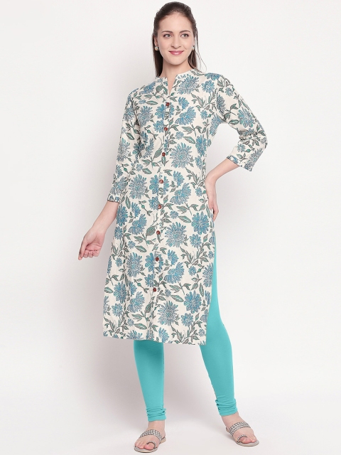 

ZRI Women Blue & Off-White Floral Print Straight Kurta