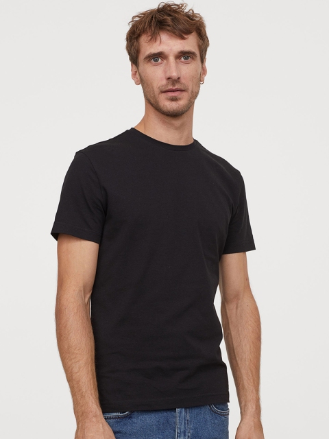 

H&M Men Black Solid Round-Neck T-shirt Slim Fit