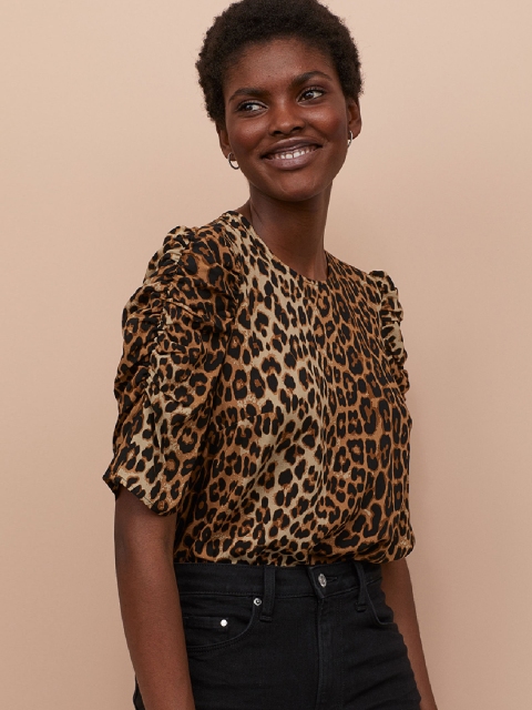 

H&M Women Beige & Brown Printed Puff-Sleeved Blouse