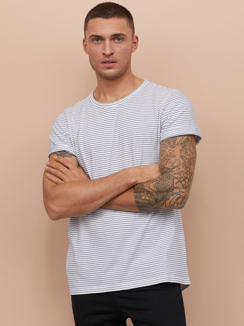 

H&M Men White & Black Striped Slub Jersey T-shirt