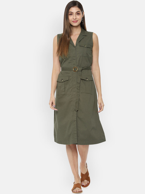 

Van Heusen Woman Olive Green Solid Shirt Dress