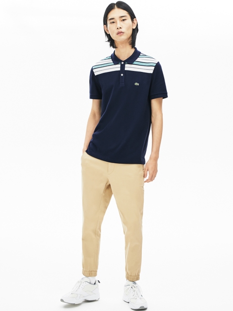 

Lacoste Men Navy Blue & White Striped Polo Collar T-shirt