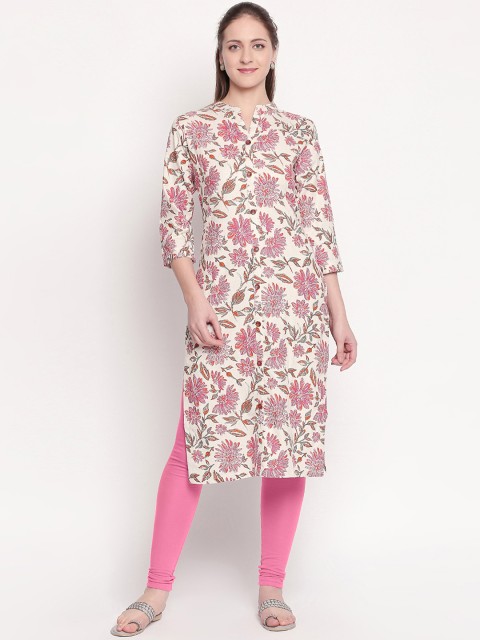 

ZRI Women Off-White & Pink Floral Printed Straight Linen Kurta