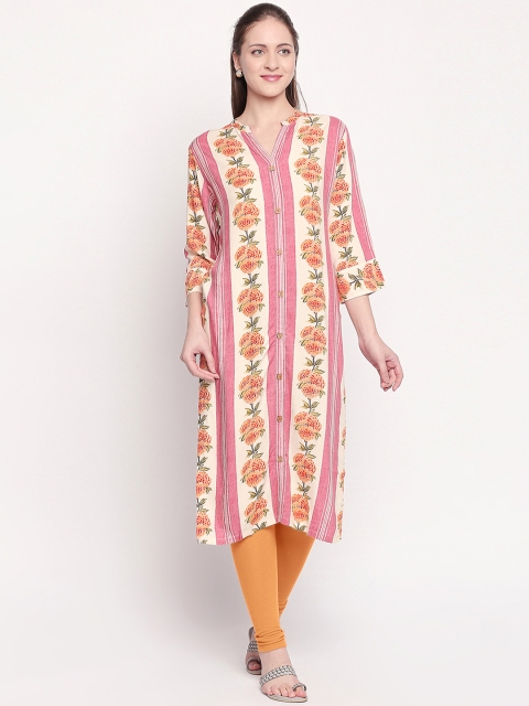 

ZRI Women Pink & Cream-Coloured Floral Print Straight Kurta