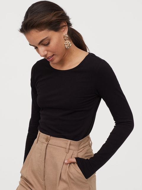 

H&M Women Black Solid Long-Sleeved Jersey Top