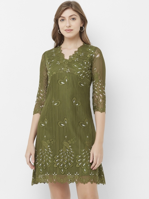 

Soie Women Green Self Design A-Line Dress