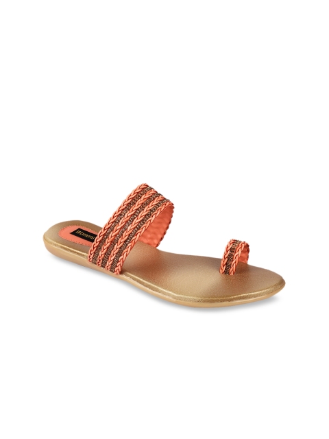 

WOMENS BERRY Women Peach-Coloured & Brown Woven Design One Toe Flats
