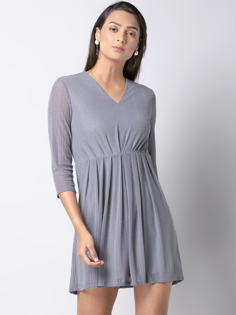 FabAlley Women Grey Self Design Fit and Flare Dress