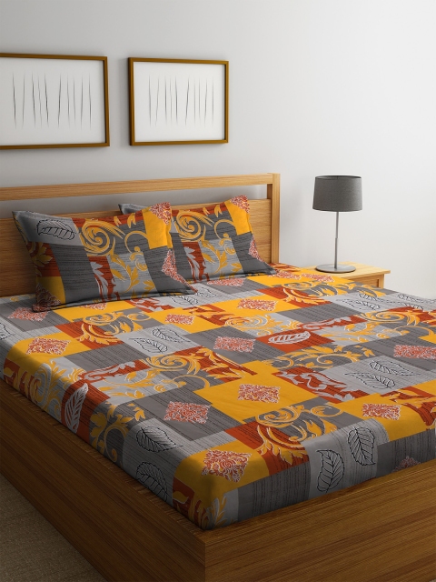 

MAFATLAL Grey & Mustard Yellow 144 TC Cotton 1 King Bedsheet with 2 Pillow Covers