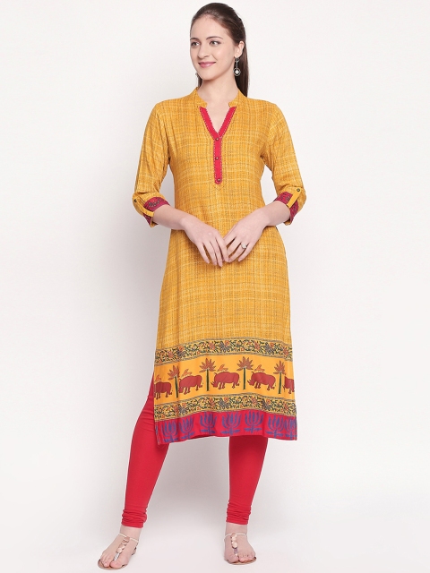 

ZRI Women Mustard Orange & Pink Checked Straight Kurta