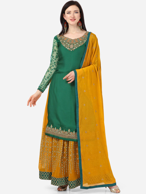 

Stylee LIFESTYLE Green & Mustard Yellow Satin Finish Semi-Stitched Dress Material