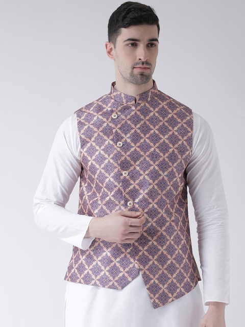 

TABARD Men Blue & Peach-Coloured Printed Woven Pure Cotton Nehru Jacket