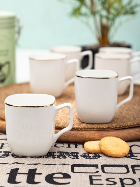 

SONAKI Set Of 6 White Solid Bone China Tea Coffee Mugs With 24K Gold Print