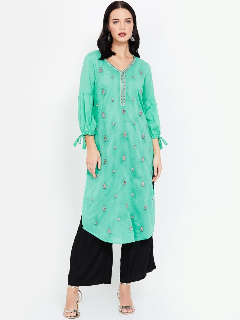 

Melange by Lifestyle Women Green & White Embroidered Straight Kurta