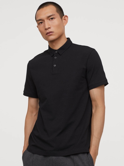 H&M Men Black Solid Polo Shirt Slim Fit