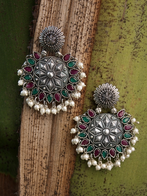 

Adwitiya Collection Silver-Plated & White Oxidised Classic Drop Earrings