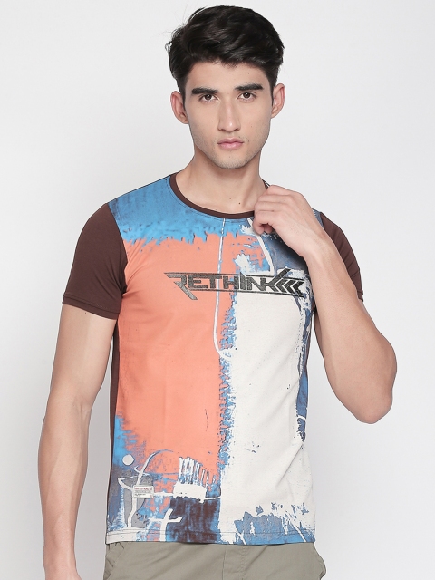 

ZIDO Men Brown & Coral Orange Printed Round Neck T-shirt