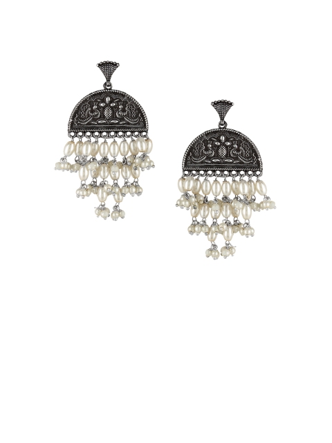 

Adwitiya Collection Silver-Plated Oxidised White Peacock Shaped Drop Earrings