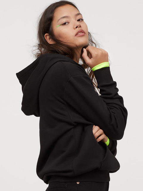 

H&M Women Black Solid Hooded Sweatshirt With A Motif