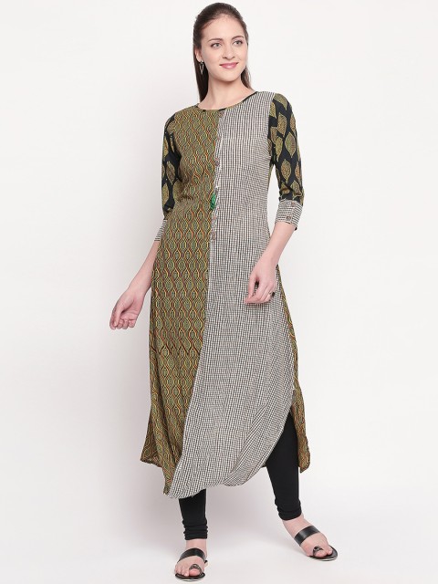 

ZRI Women Off-White & Yellow Printed Asymmetric Hemline Straight Kurta