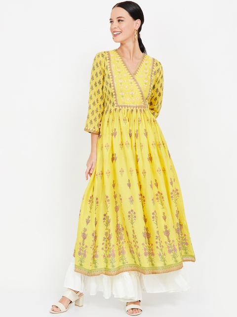 

Melange by Lifestyle Women Yellow & Pink Printed Straight Kurta