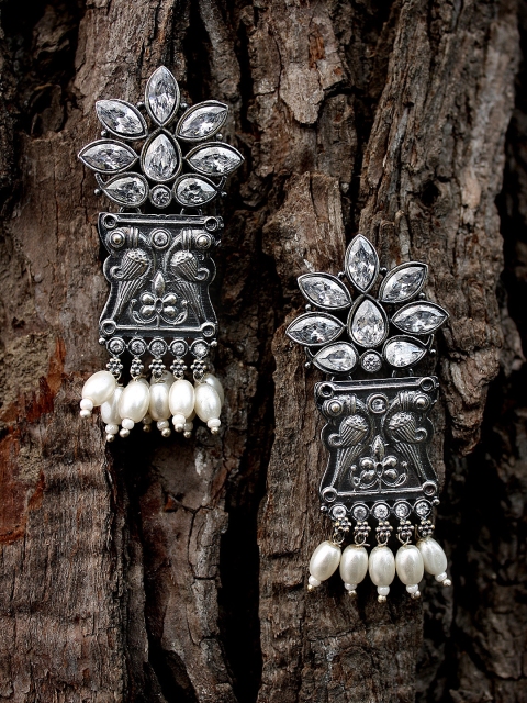 

Adwitiya Collection Silver-Plated Oxidised White Floral Drop Earrings