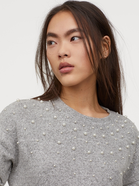 

H&M Grey Melange Fine-Knit Beaded Jumper